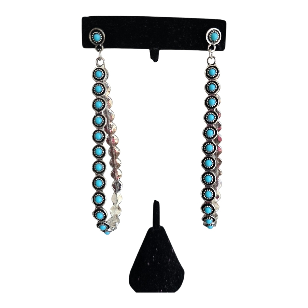 Vintage Southwestern Silver Earrings Boho Chic Turquoise Stone Extra Large Hoop